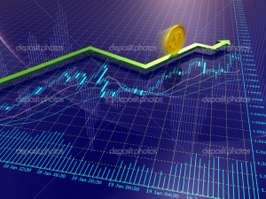 Blue Forex charts with green growing arrow and dollar coin